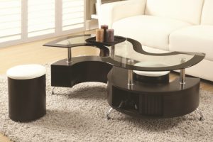 Espresso Glass Top Coffee Table with 2 White Stools
