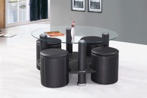Glass Top Coffee Table with 4 Black Stools