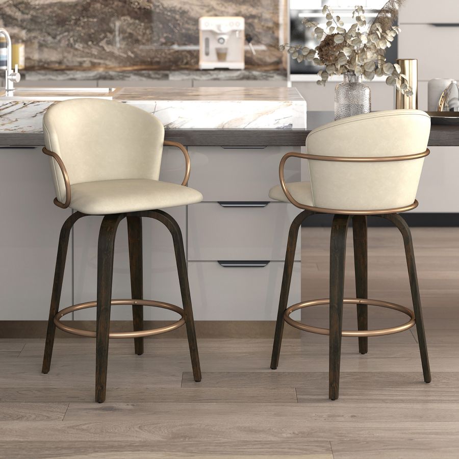 Lawson 26" Counter Stool, Set of 2, with Swivel in Vintage Ivory, Brown and Aged Gold - Image 2