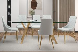 Stark/Antoine 7pc Dining Set In Aged Gold With Light Grey Chair