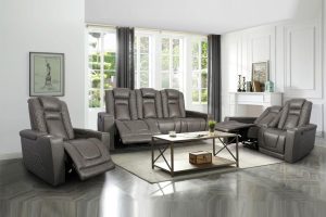 Inox Real Leather Match Power Grey Reclining Sofa
