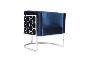 HONEYCOMB Accent Chair GY-AC-8148, Blue velvet, Polished steel frame