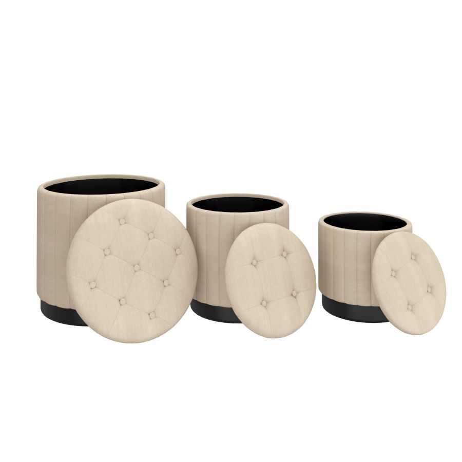 Lexi 3pc Round Storage Ottoman Set in Beige and Black - Image 7