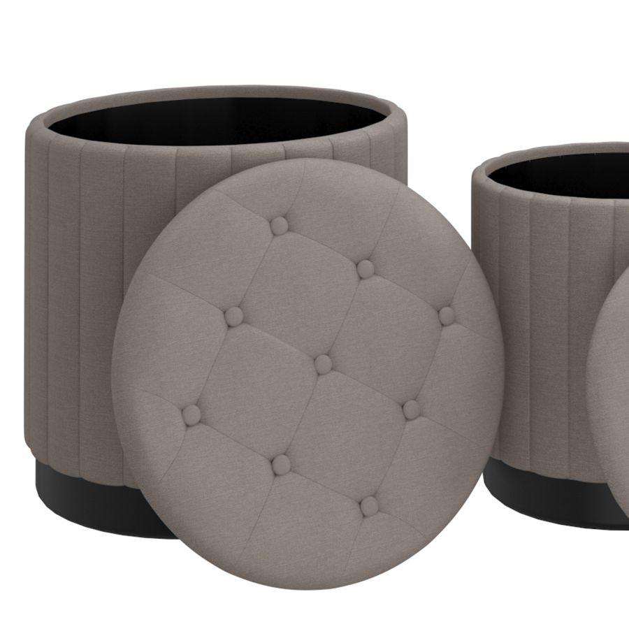 Lexi 3pc Round Storage Ottoman Set in Warm Grey and Black - Image 4