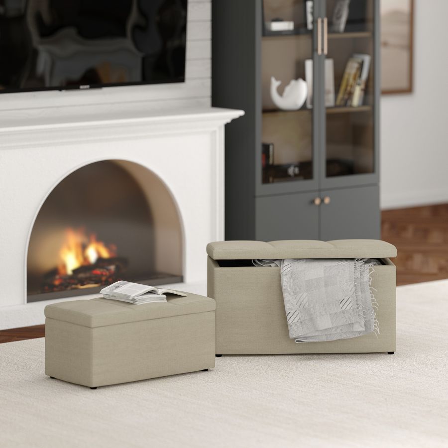 Levi 2pc Rectangular Storage Ottoman Bench Set in Beige Fabric - Image 8