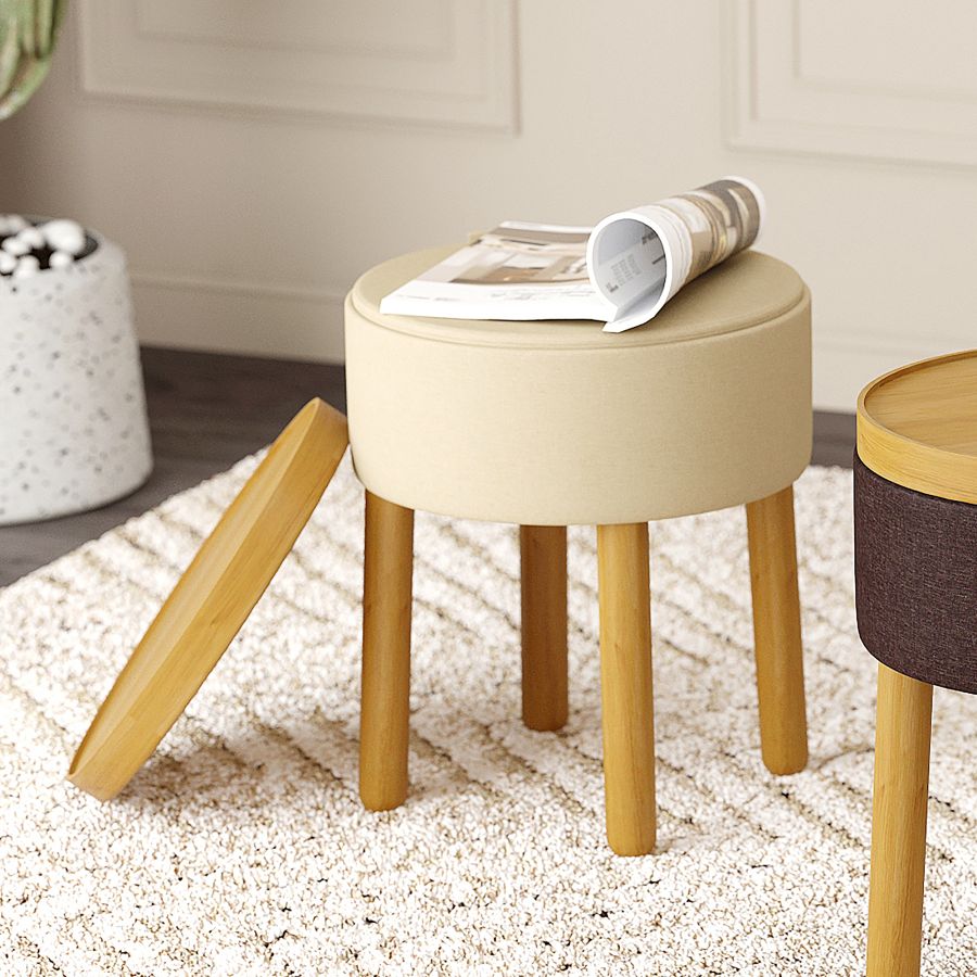 Polly Round Storage Ottoman with Tray in Beige and Natural - Image 8
