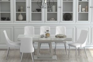 Corvus/Devo 7pc Dining Set in Warm Grey Table with White Chair