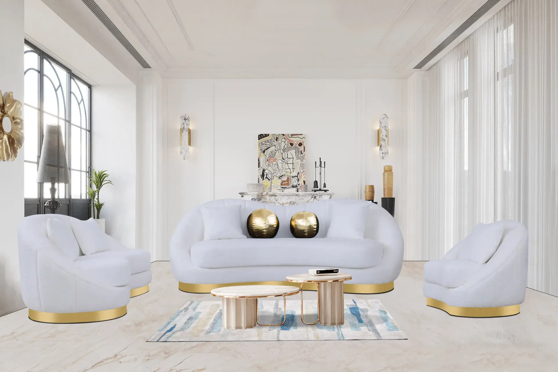 2122 White 3 Pcs Sofa Set